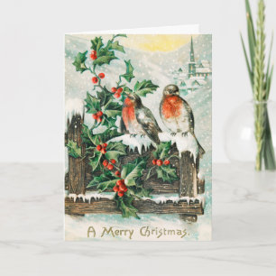 Tarjeta Festiva Aves navideñas vintage y nieve holly de invierno