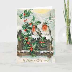 Tarjeta Festiva Aves navideñas vintage y nieve holly de invierno