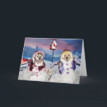 Tarjeta Festiva Aves que alimentan a las mujeres de nieve<br><div class="desc">Esta tarjeta de vacaciones incluye a recuperadores dorados vestidos como mujeres nevadas alimentando cardenales cerca de un hogar de aves. Sería perfecto para Navidades,  Hanukkah o cualquier fiesta de invierno. El texto dice: "¡Deseándote NIEVE mucha paz y alegría esta temporada de fiestas!".</div>