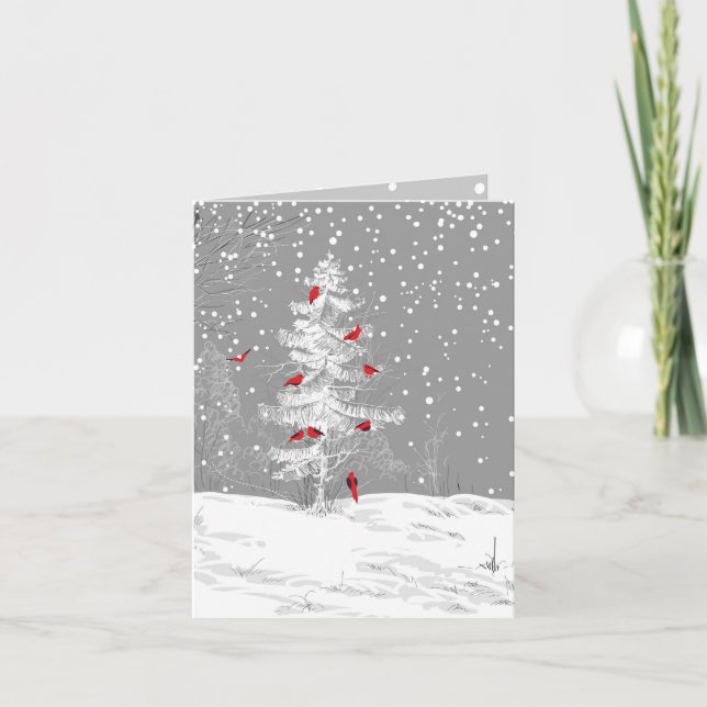 Tarjeta Festiva Aves rojas, Navidades blancos, Pino de nieve, con  (Anverso)