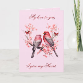 Tarjeta Festiva Aves románticas de amor - Árboles de cerezo rosado