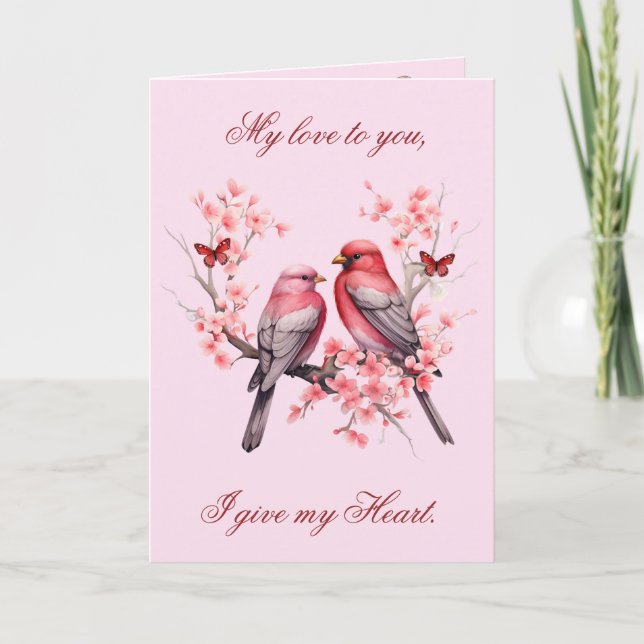 Tarjeta Festiva Aves románticas de amor - Árboles de cerezo rosado (Anverso)