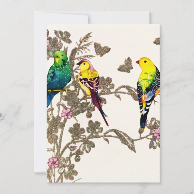 Tarjeta Festiva Aves verdes acuarela floral Purpurina plateado (Anverso)