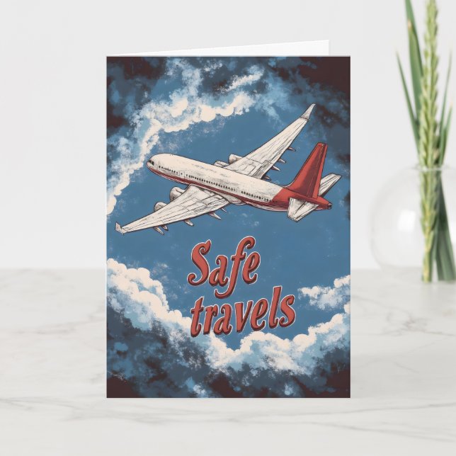 Tarjeta Festiva Avión retro de viajes seguros (Anverso)