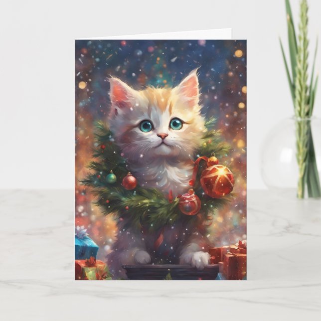 Tarjeta Festiva Ayudante de Santa Claus Hermoso Gatito Arte Navide (Anverso)