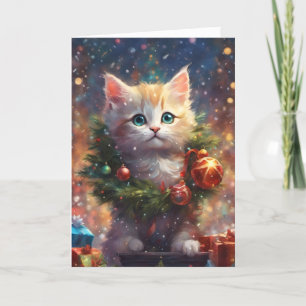 Tarjeta Festiva Ayudante Pequeño de Santa Gatito Lindo Arte Navide