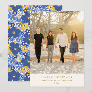 Tarjeta Festiva Azul Amarillo Floral Hanukkah Fiesta Foto Elegante