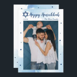 Tarjeta Festiva Azul azul clásico de color de agua Feliz foto de H<br><div class="desc">Blue Watercolor Classic Happy Hanukkah Photo Holiday Card</div>