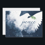 Tarjeta Festiva Azul de la Marina de Guerra de la Paz<br><div class="desc">Estas tarjetas de felicitación planas de vacaciones de 7" x 5" presentan una paloma abstracta en tonos azul marino. "paz" en azul junto con una rama de olivo verde. Personalizar con su apellido y año.</div>