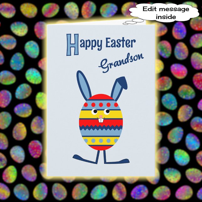 Tarjeta Festiva Azul del conejito del huevo de Pascua del nieto (Subido por el creador)