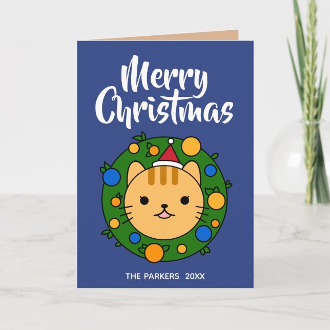 Tarjeta Festiva Azul guirnalda de gato naranja | Fotos navideñas d (Anverso)