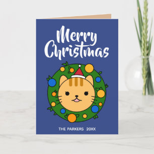 Tarjeta Festiva Azul guirnalda de gato naranja   Fotos navideñas d