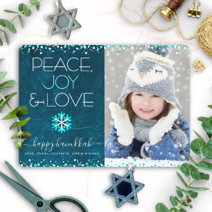 Tarjeta Festiva Azul Hanukkah Paz Alegría Amor Foto Copo de Nieve