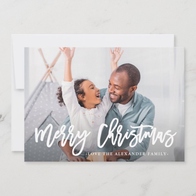 Tarjeta Festiva Azul Invierno Botánico Merry Christmas Script Phot (Anverso)