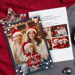 Tarjeta Festiva Azul marino moderno 5 collage de fotos Feliz Navid<br><div class="desc">Simple minimalista elegante cinco fotos de la familia de personalizados "Feliz Navidad y Feliz Año Nuevo" (cambiable) guión de tipografía texto superpuesto Navidades de la plantilla de la tarjeta de vacaciones con un marco azul oscuro y copos de nieve. Fácil de personalizar con sus imágenes, texto, firma de nombres y...</div>