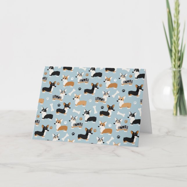 Tarjeta Festiva Azul patrón Corgi (Anverso)