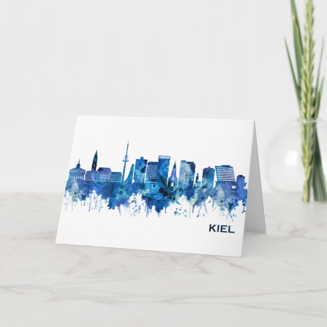 Tarjeta Festiva Azul Skyline de Alemania Kiel (Anverso)