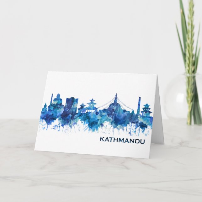 Tarjeta Festiva Azul Skyline de Katmandú (Anverso)