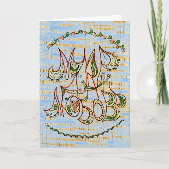 Tarjeta Festiva Azul sobre el arte popular maderero Paz y deseo de (Anverso)