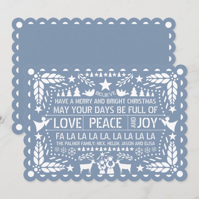 Tarjeta Festiva Azul turbio Amor Paz Alegría de papel Navidades de (Anverso / Reverso)
