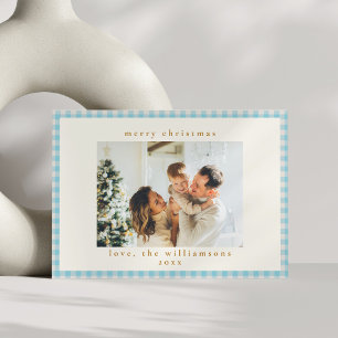 Tarjeta Festiva Azul Vintage de Cuadros de Gingham Foto Personaliz