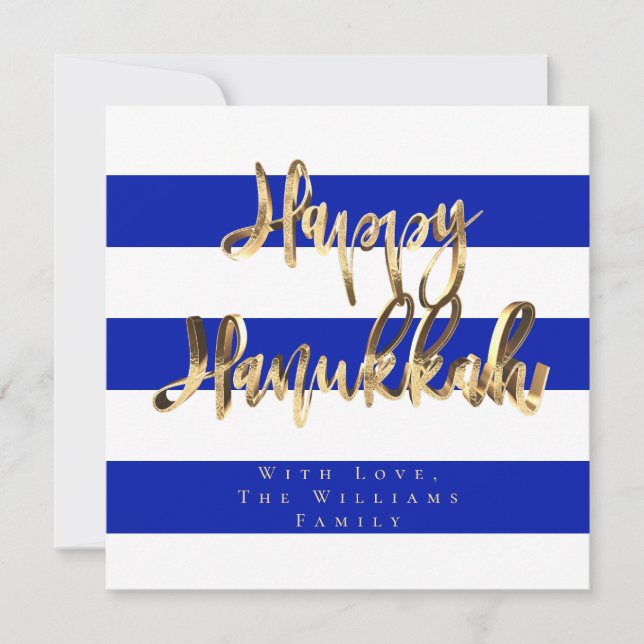Tarjeta Festiva Azul y Blanco Elegante Letra Feliz Janucá (Anverso)