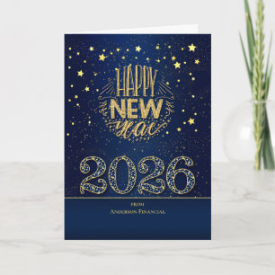Tarjeta Festiva Azul y oro de Año Nuevo 2026 con nombre