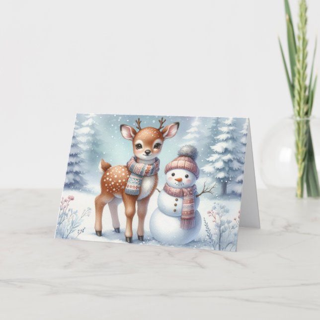 Tarjeta Festiva Baby Deer with Snowman Christmas Holiday Card (Anverso)