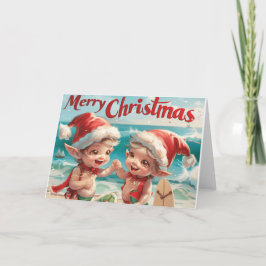 Tarjeta Festiva Baby Elves Beach Christmas Digital Art