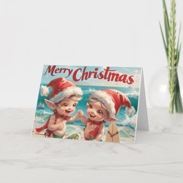 Tarjeta Festiva Baby Elves Beach Christmas Digital Art (Anverso)