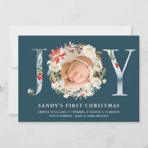 Tarjeta Festiva Baby First Christmas JOY Poinsettia Floral Photo