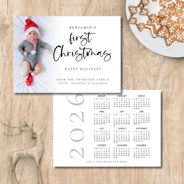 Tarjeta Festiva Baby First Christmas Photo 2026 Calendar (Front and back view)
