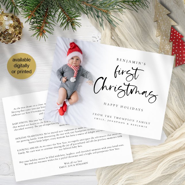 Tarjeta Festiva Baby First Christmas Photo Newa (Front and back view. Available digitally and printed.)