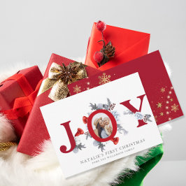 Tarjeta Festiva Baby First Christmas Poinsettia Pine Floral Photo