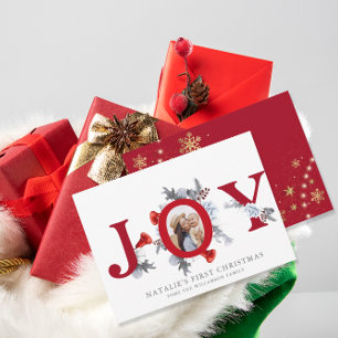 Tarjeta Festiva Baby First Christmas Poinsettia Pine Floral Photo