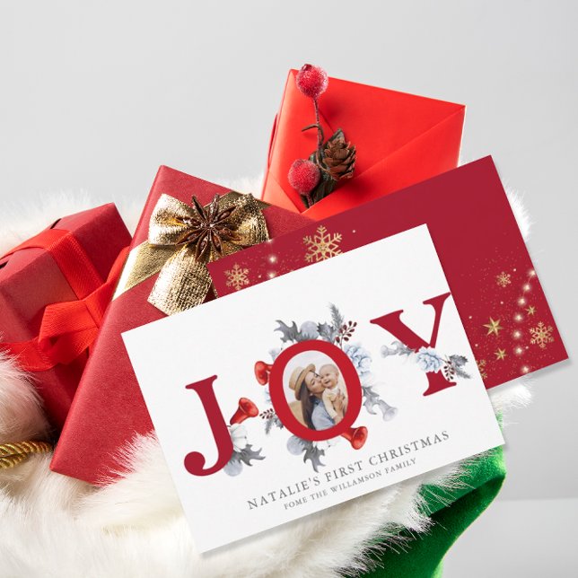 Tarjeta Festiva Baby First Christmas Poinsettia Pine Floral Photo (Subido por el creador)