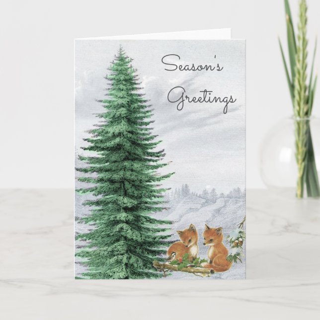 Tarjeta Festiva Baby Foxes Christmas Tree Woods Card (Anverso)