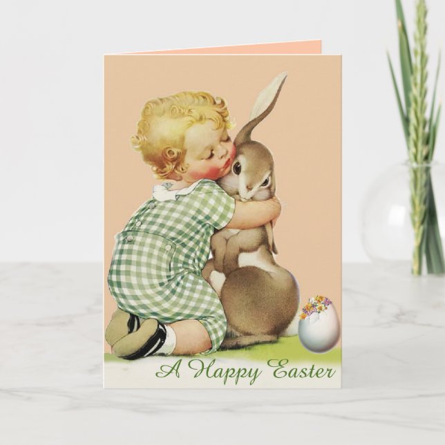 Tarjeta Festiva BABY HUGGGGING EASTER BUNNY, Rosa (Anverso)