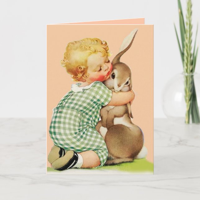 Tarjeta Festiva BABY HUGGGGING EASTER BUNNY, Rosa (Anverso)