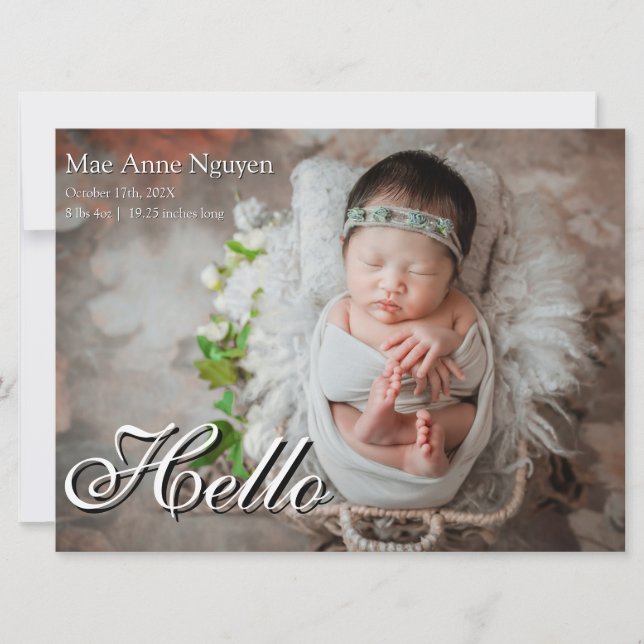 Tarjeta Festiva Baby Photo Modern Birth Announcement Black & White (Anverso)