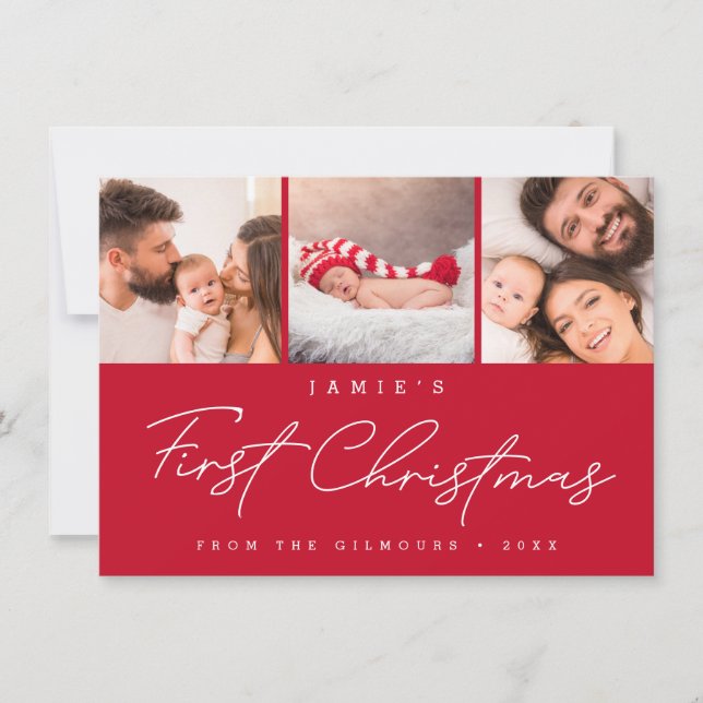 Tarjeta Festiva Baby’s First Christmas 3 Photo Collage Script RED (Anverso)