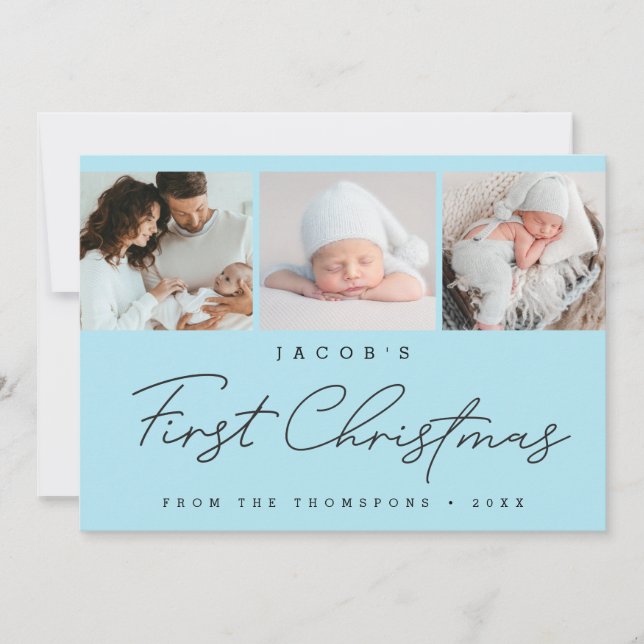 Tarjeta Festiva Baby’s First Christmas Blue Photo Collage Modern (Anverso)