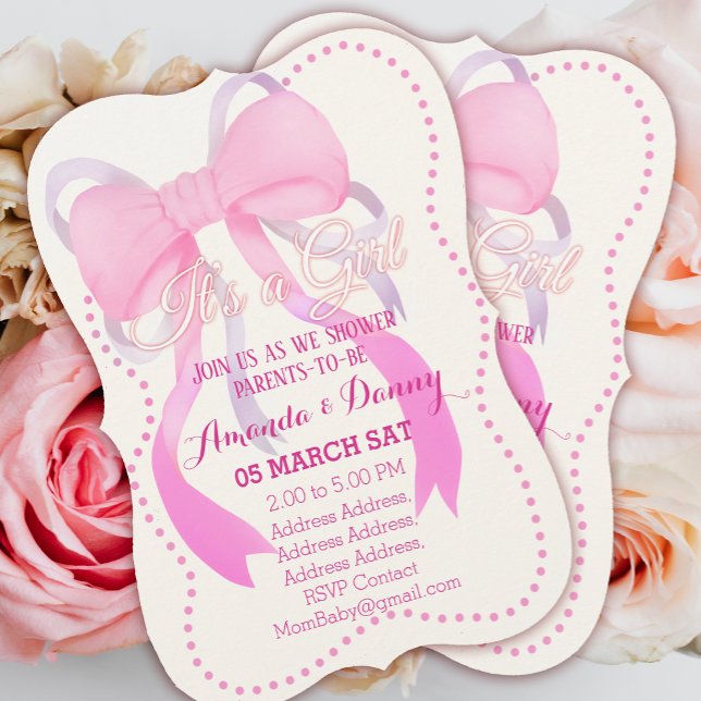 Tarjeta Festiva Baby Shower de cinta rosa (Pink Ribbon Baby Shower Invitation Card.)