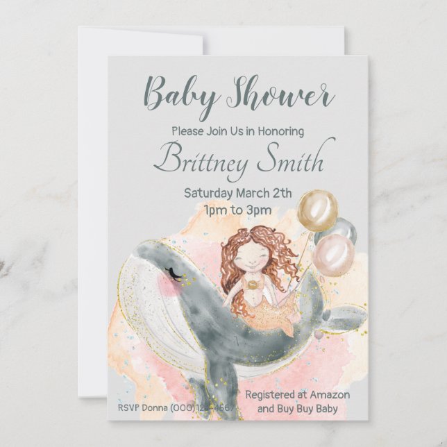 Tarjeta Festiva Baby Shower de sirena, sirena y ballena (Anverso)