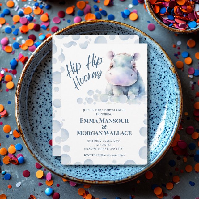 Tarjeta Festiva Baby Shower Hippo Azul (Hippo Themed Baby Shower Invite)