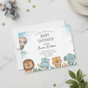 Tarjeta Festiva Baby Shower Invitation with Cute Watercolor Jungle