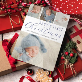 Tarjeta Festiva Babys First Christmas Collage de fotos Blue