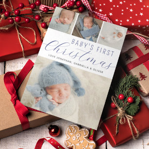 Tarjeta Festiva Babys First Christmas Collage de fotos Blue