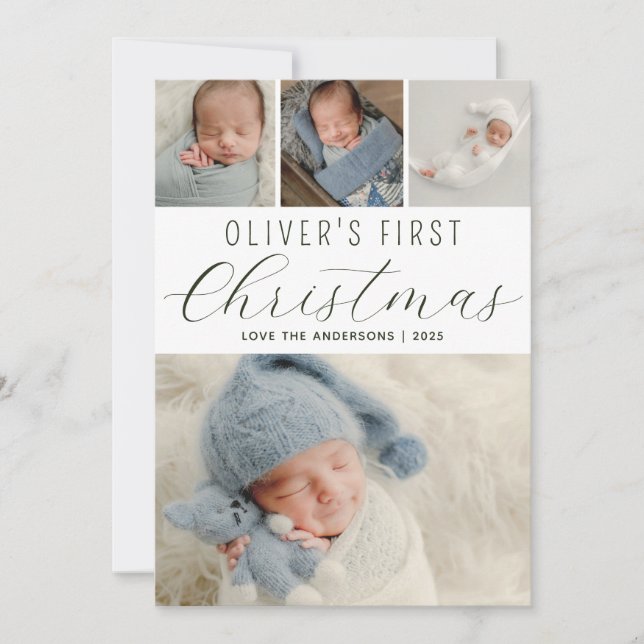 Tarjeta Festiva Babys First Christmas Collage de fotos Green (Anverso)