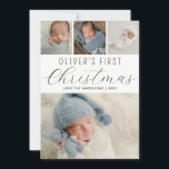 Tarjeta Festiva Babys First Christmas Collage de fotos Green<br><div class="desc">Una tarjeta de vacaciones moderna para celebrar la primera Navidad de tu bebé con familia y amigos. El diseño incluye un collage de fotos de tus fotos favoritas. Personalice con el nombre de su bebé. El lado inverso es verde con un rebasamiento de patrón de nevada.</div>